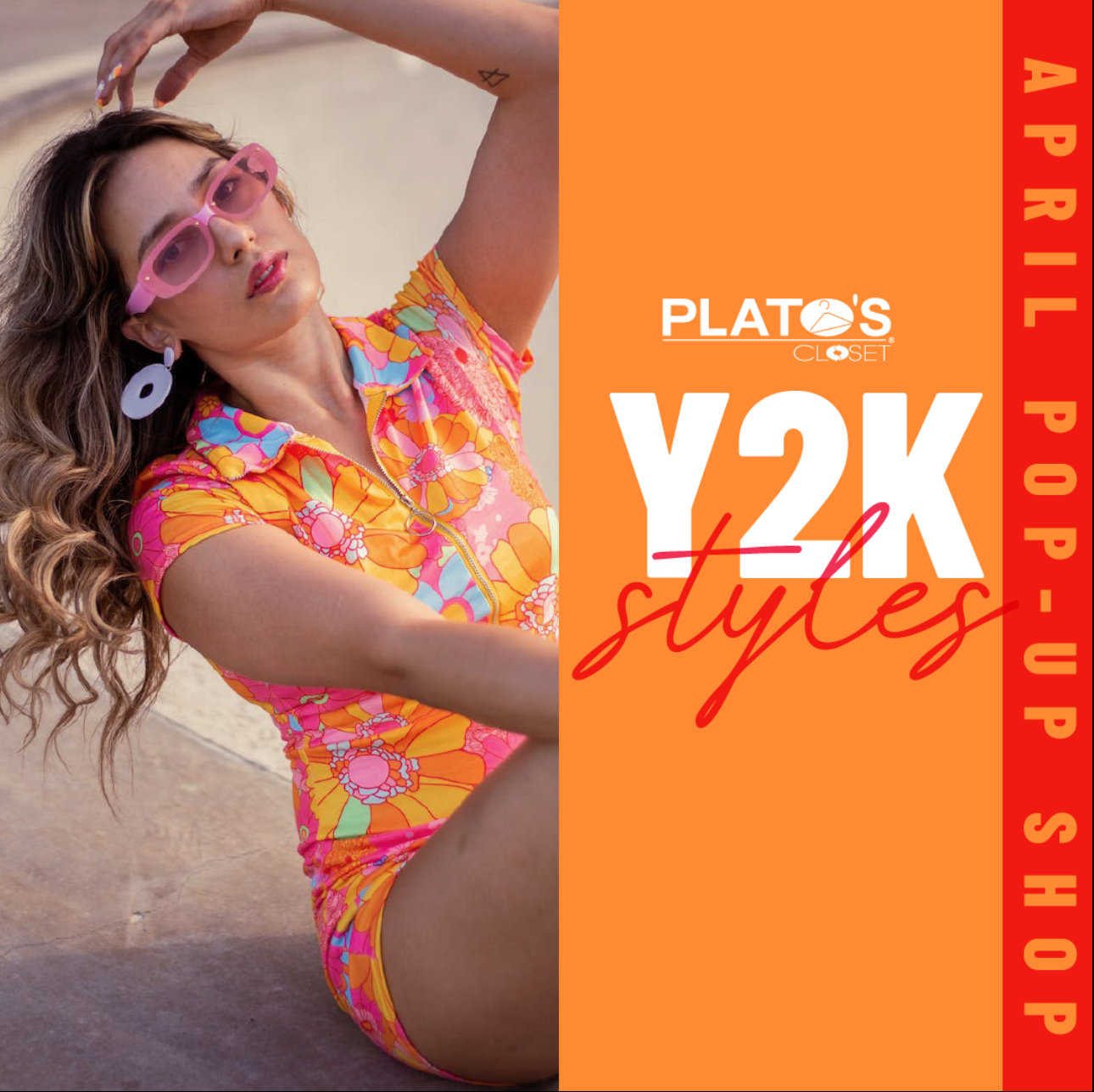 A girl wearing an orange romper next to letters saying Y2K shop